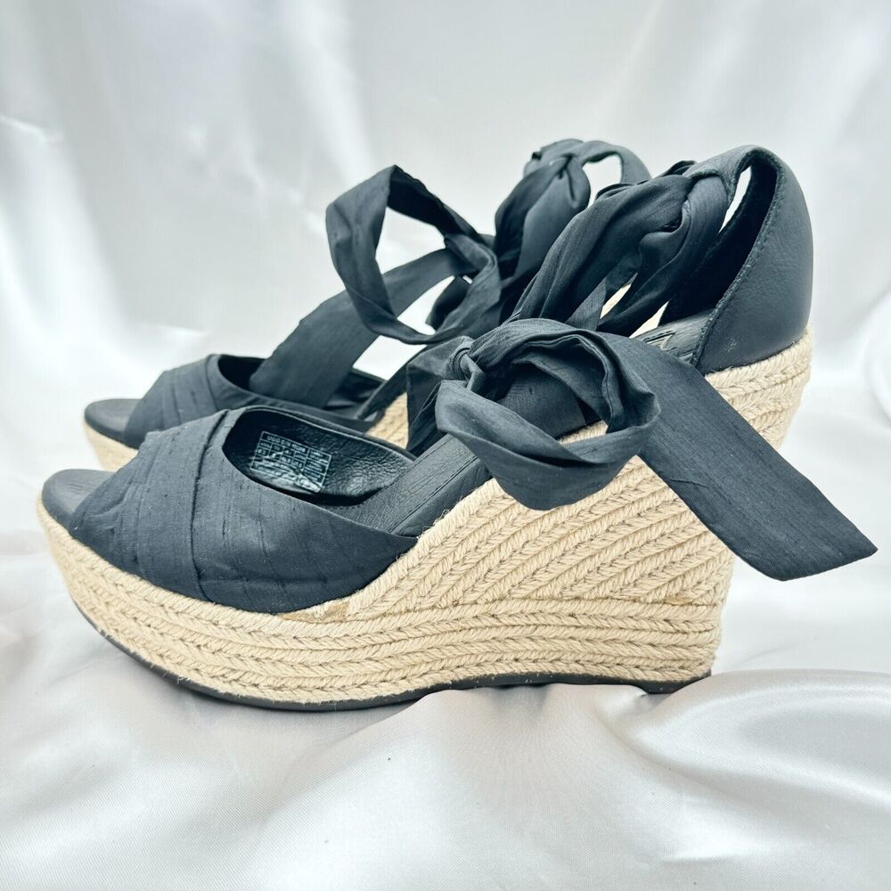 UGG Lucianna Black Silk Leather Espadrille Wedge Sandals 1002916 - Sz 9.5